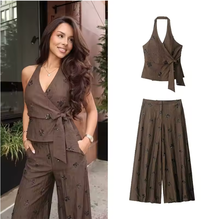 Valeria – Conjunto elegante de top con lazo y pantalón de pierna ancha