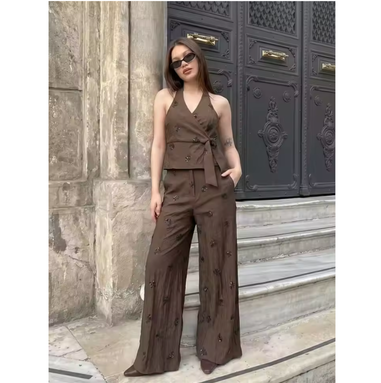 Valeria – Conjunto elegante de top con lazo y pantalón de pierna ancha