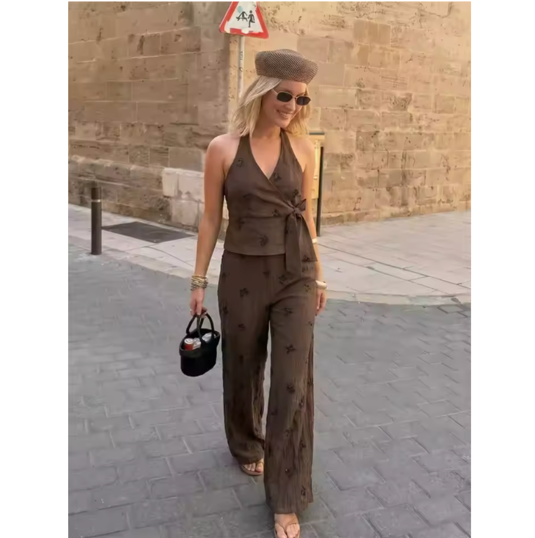 Valeria – Conjunto elegante de top con lazo y pantalón de pierna ancha
