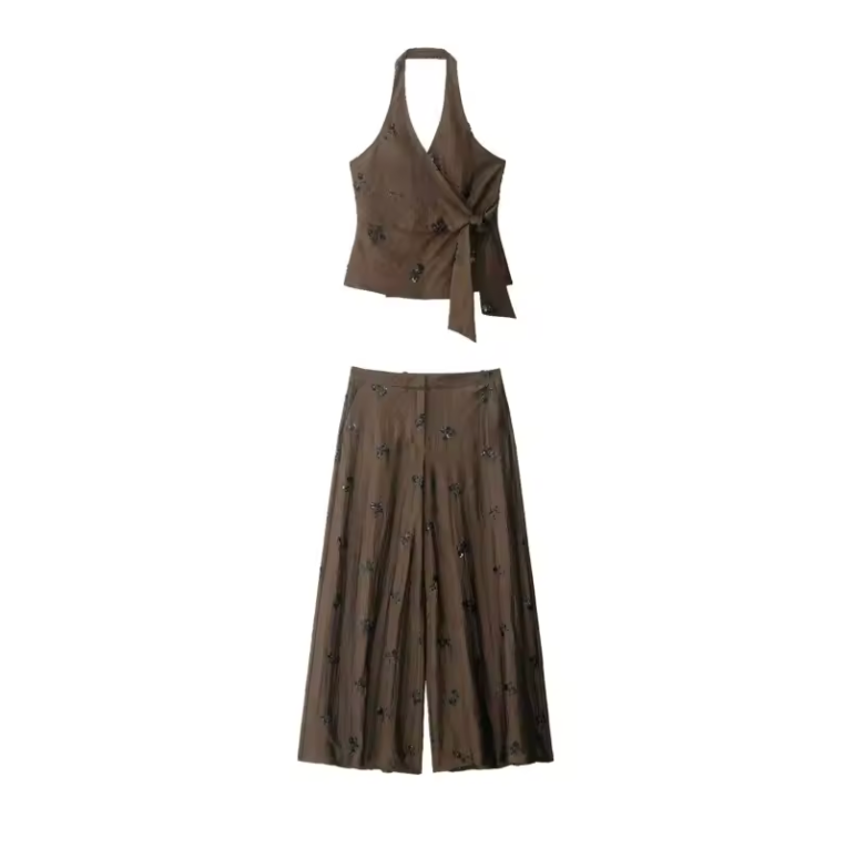 Valeria – Conjunto elegante de top con lazo y pantalón de pierna ancha